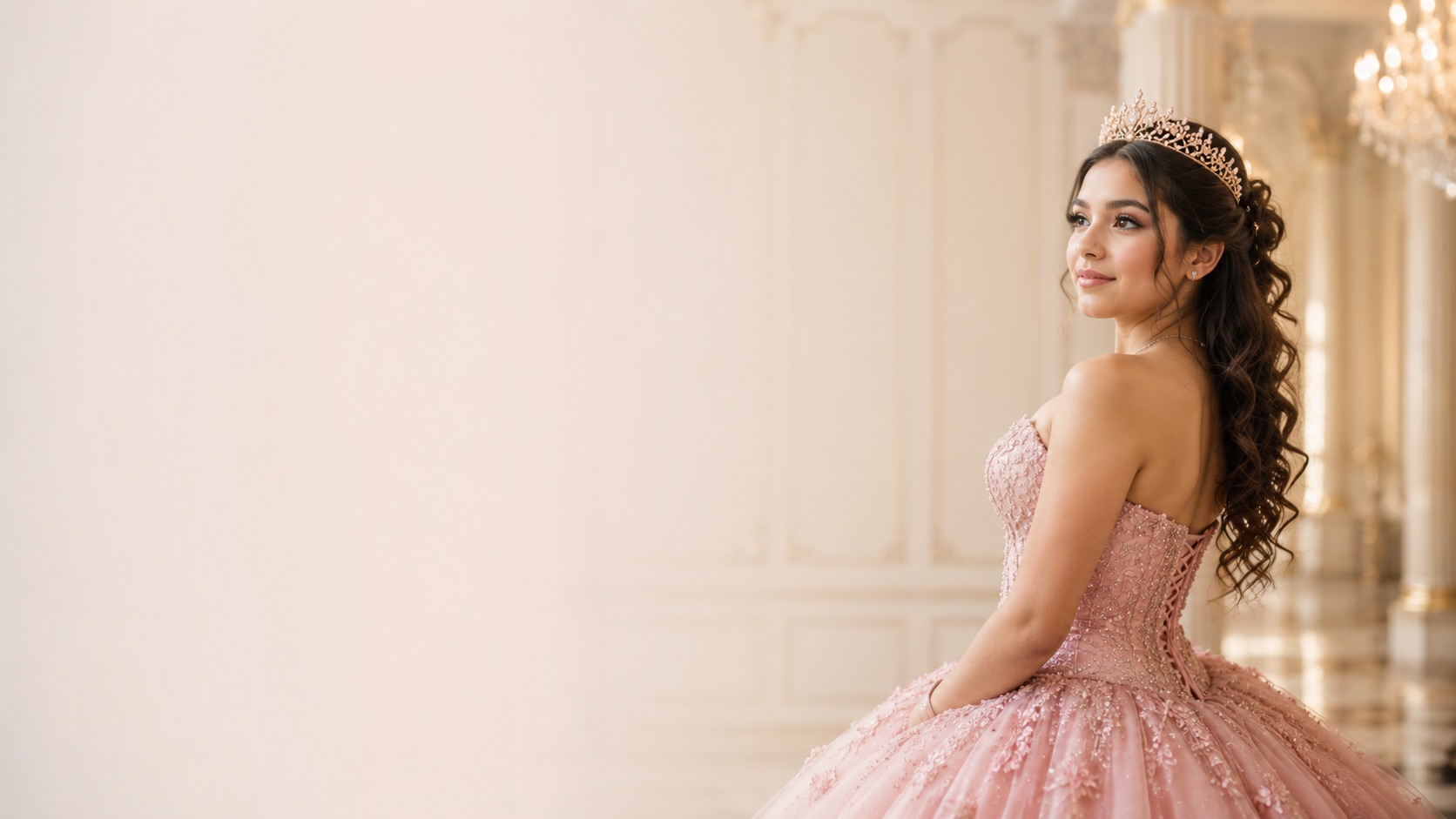 Quinceañera con peinado de ondas y tiara en Labordē Studio