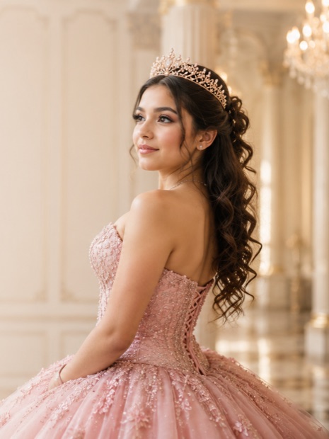 Quinceañera con peinado de ondas y tiara