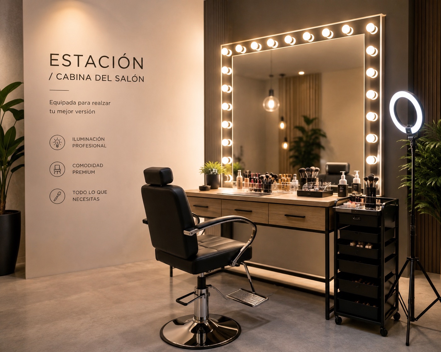 Estación de trabajo equipada con espejo iluminado, silla y carrito auxiliar