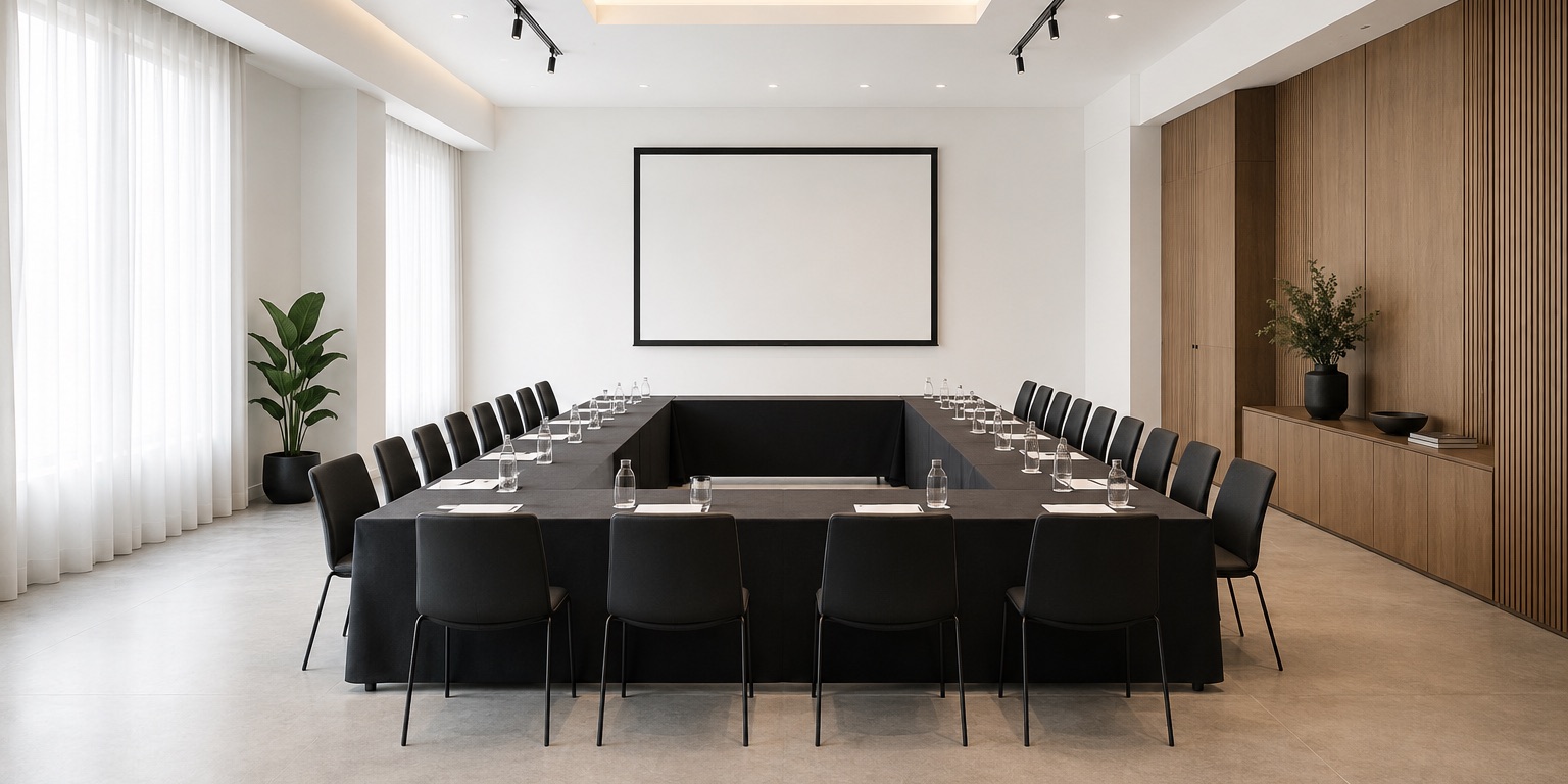 Sala de capacitaciones montada en U con pantalla y capacidad para 30 personas